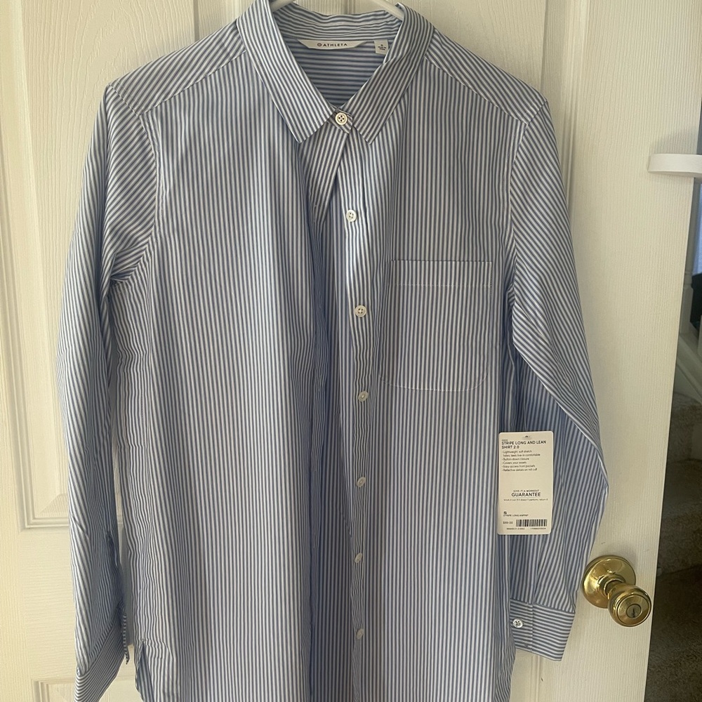 Athleta Blue and White Striped Button Down Shirt